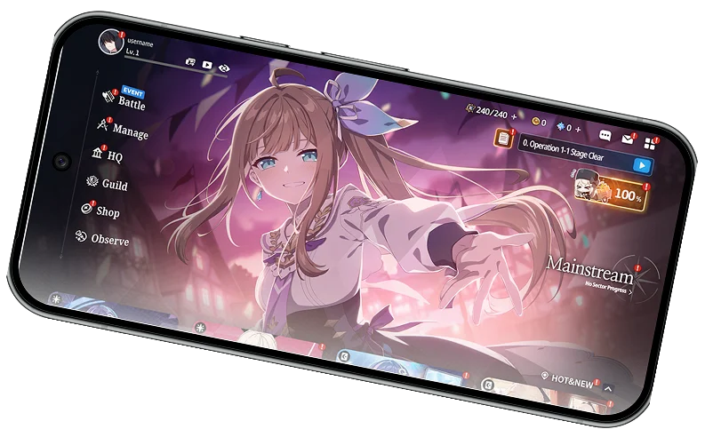 Ekran smartfona pokazujący główny interfejs mobilnej gry Star Savior z postacią kobiecą w stylu anime, która wyciąga rękę w stronę widza, podczas gdy menu gry wyświetla opcje takie jak Obserwuj, Sklep, Gildia, HQ, Zarządzaj i Bitwa w górnej części ekranu.