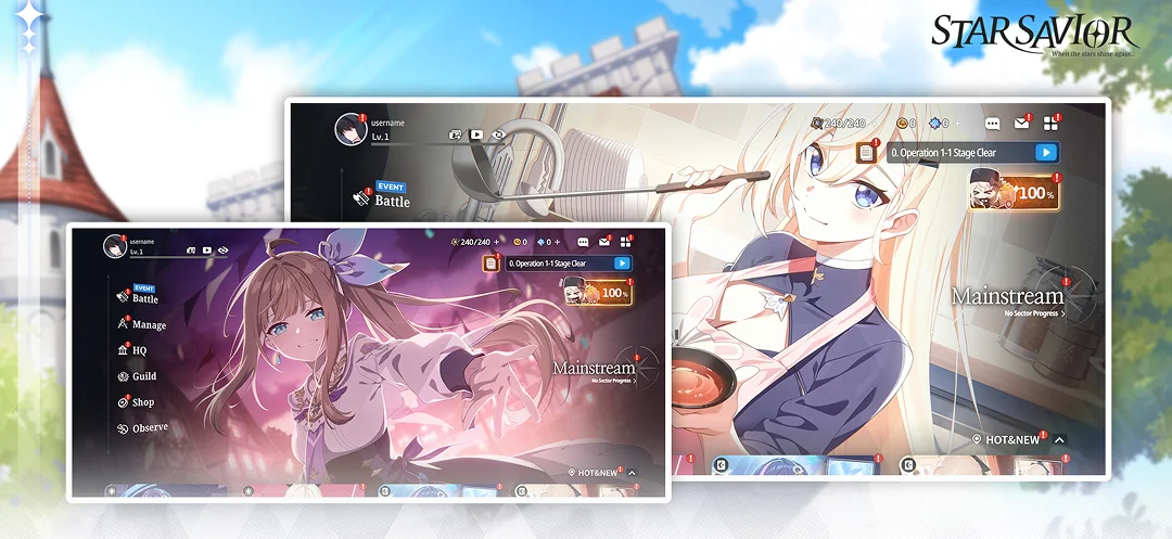 ilustracja promocyjna w stylu anime do mobilnej gry Star Savior, przedstawiająca grupę fantastycznych kobiet z różnymi broniami i strojami, stojących na tle jasnego nieba z unoszącymi się mechanicznymi elementami zegara i świecącymi odłamkami światła.